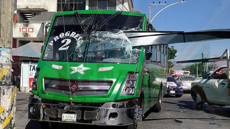 Le meten un monten o viga a camión urbano en Inf Los Fresnos por el parabrisas del frente.